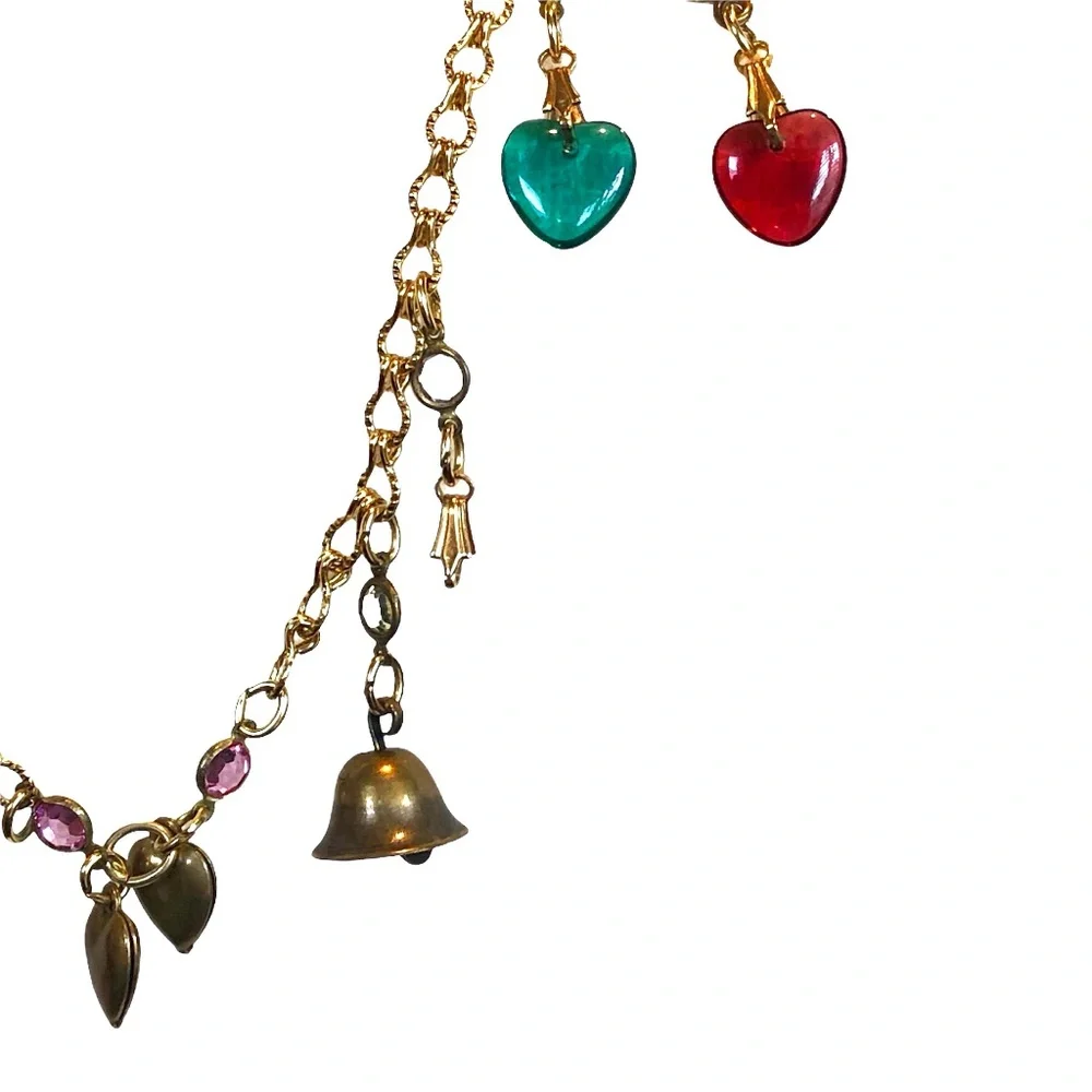 VINTAGE CHARM NECKLACE WITH CUPIDS, HEARTS , BELLS, KEYS & FLOWERS - Picture 4 of 16